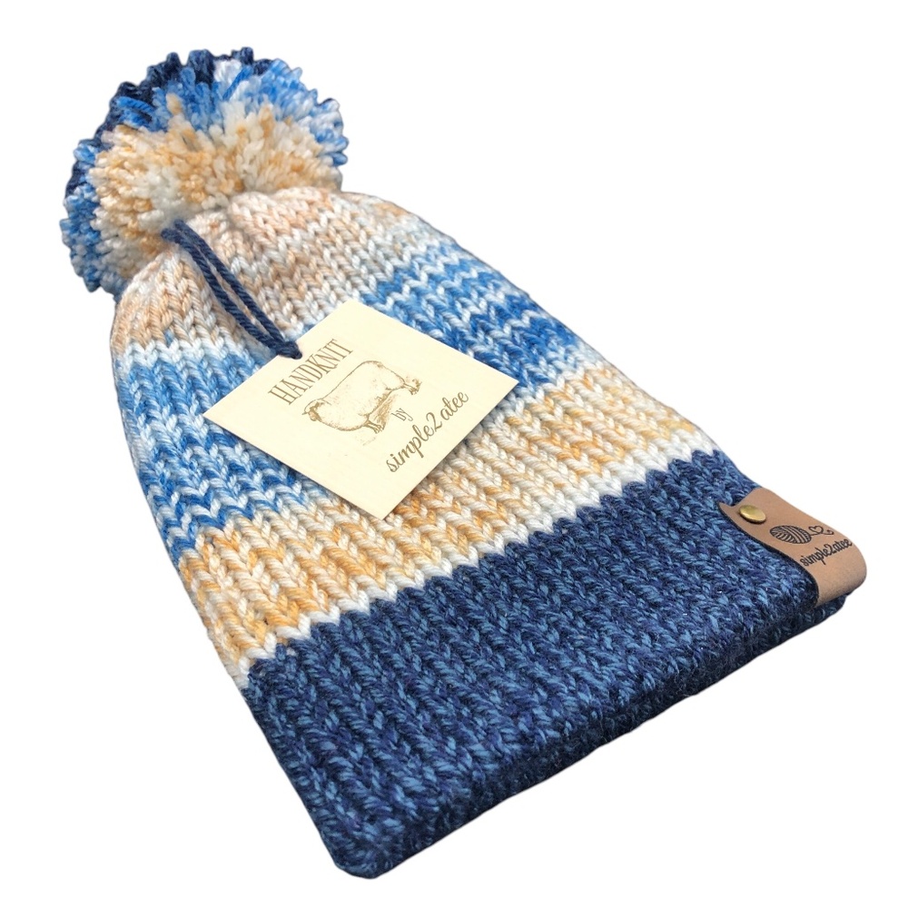 Surf's Up Blue Mix Knit Toboggan Beanie Hat with Pom-Pom Toddler Kids